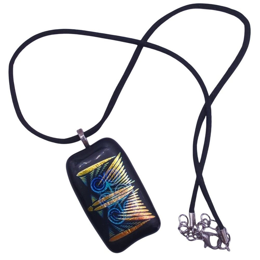 Black Dichroic Glass Pendant Necklace Abstract Yellow Blue Design Adj Black Cord